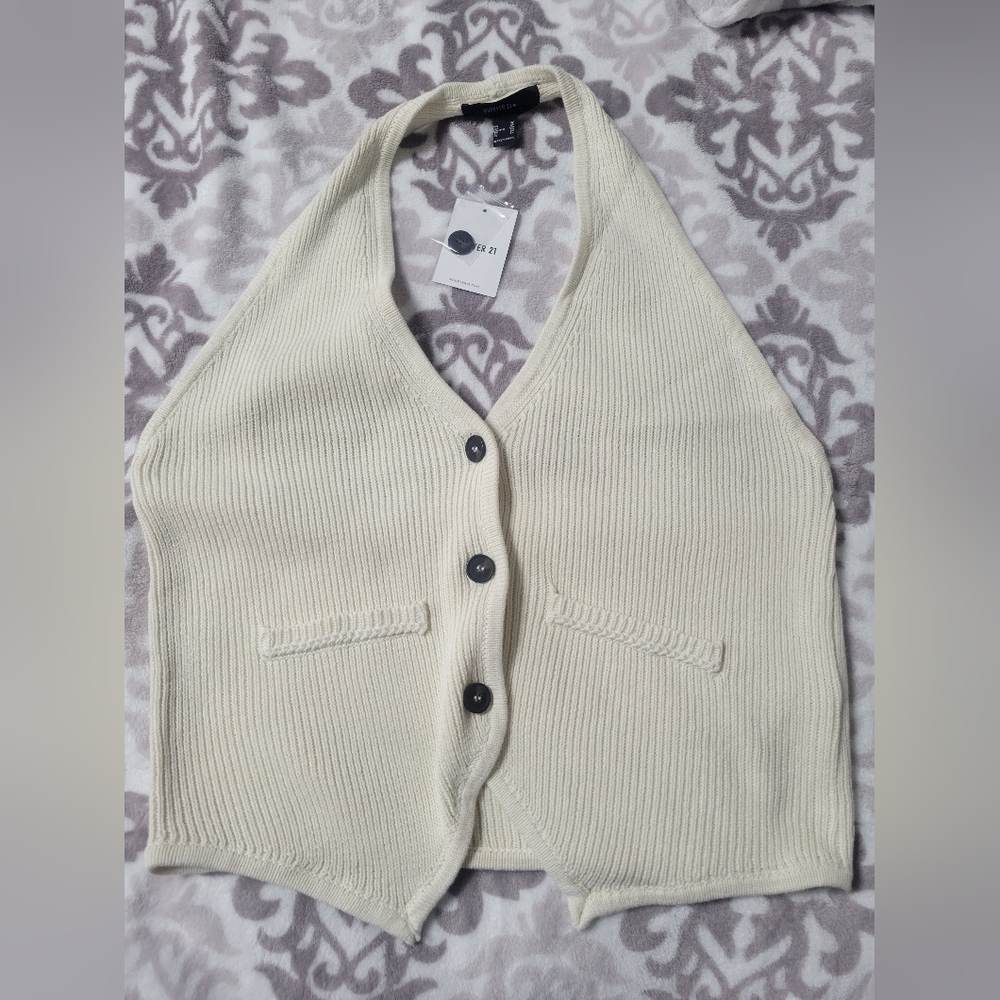 Cream Knit Halter Vest with Buttons